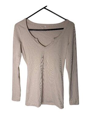 SHEIN Women's Beige Medium Long Sleeve Scoop Neck Top
